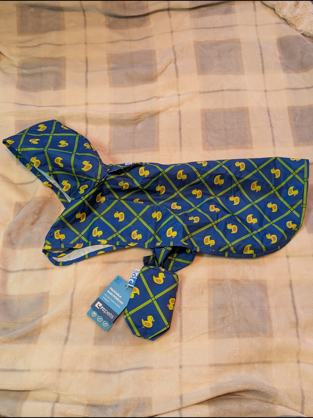 RC Pets Rain Poncho Blue Duck-Print, Packable, Size medium